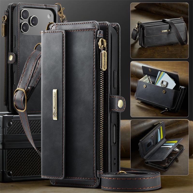 CaseMe Flip Leather Phone Case for iPhone 17 Pro Max 17E Air 16 Plus 16E 15 14 13 12 11 X XS XR SE 2022 8 Long Lanyard Zipper Wallet Multi Card Cover