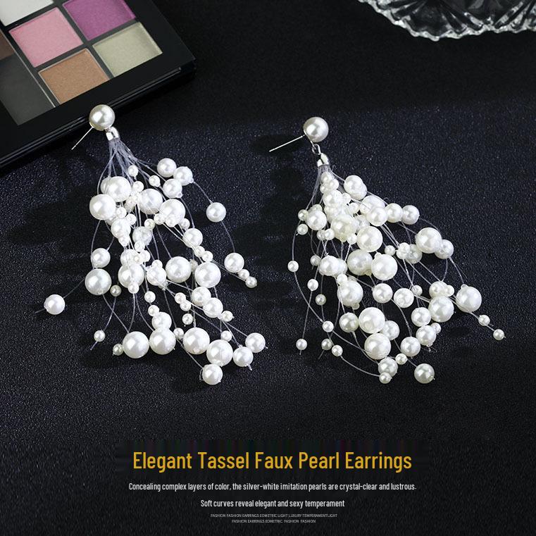 

S925 Silver Needle Korean Baby s Breath Pearl Long Tassel Dangle Earrings - Multi-Layer Design