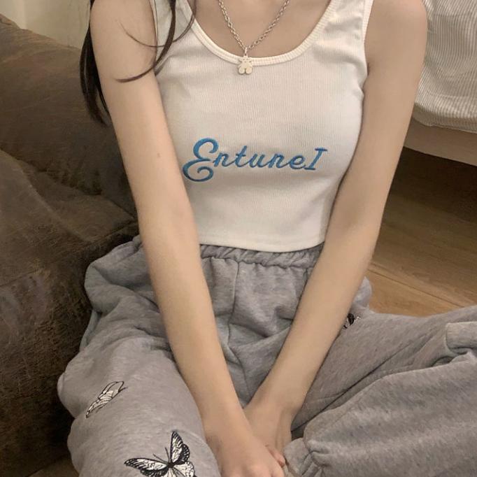 Vest Women Wear Letter Embroidery Outside and Fit BF Short Suspender Top Inside