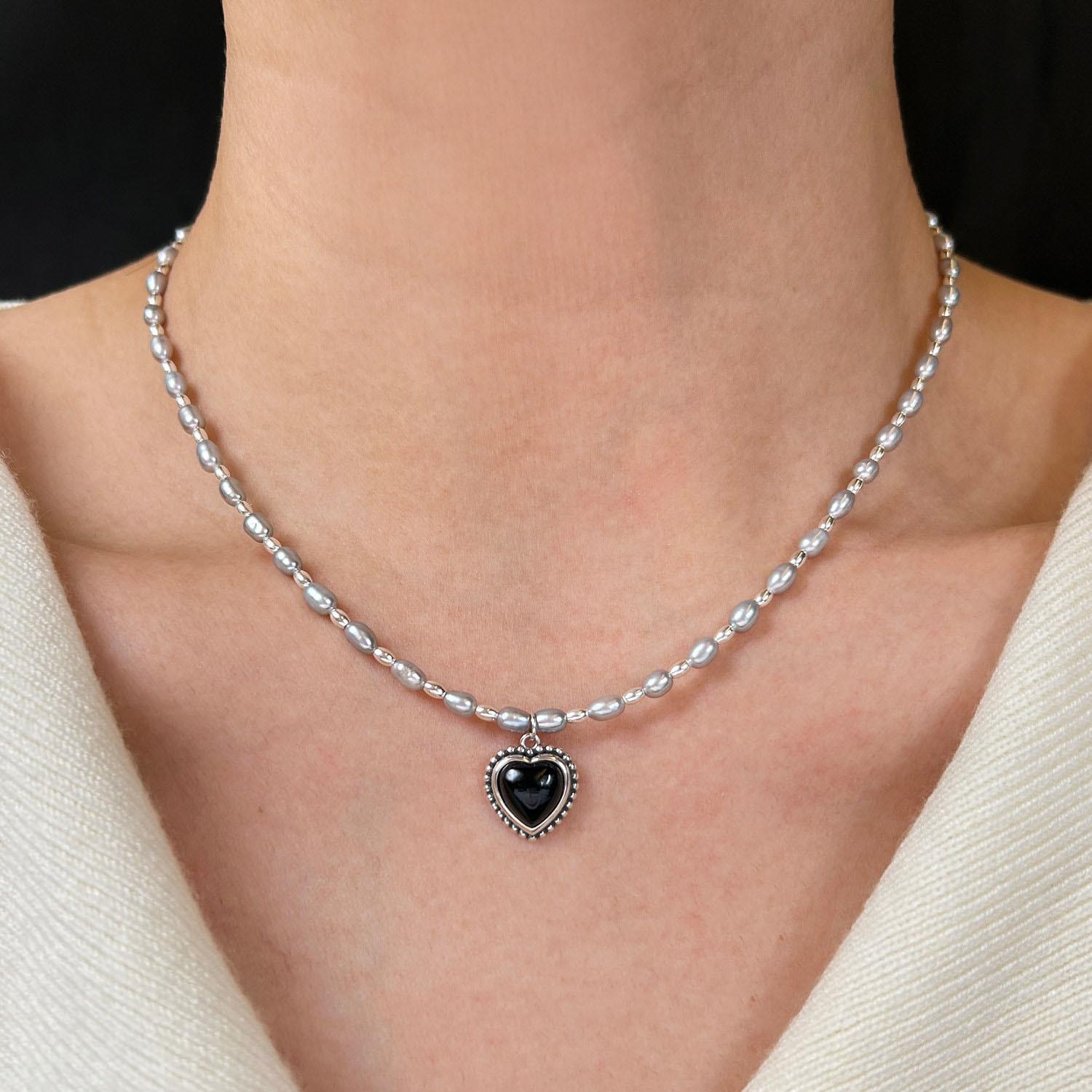 Natural freshwater pearl necklace is so much hemp gray love pendant temperament fashionable versatile collarbone chain