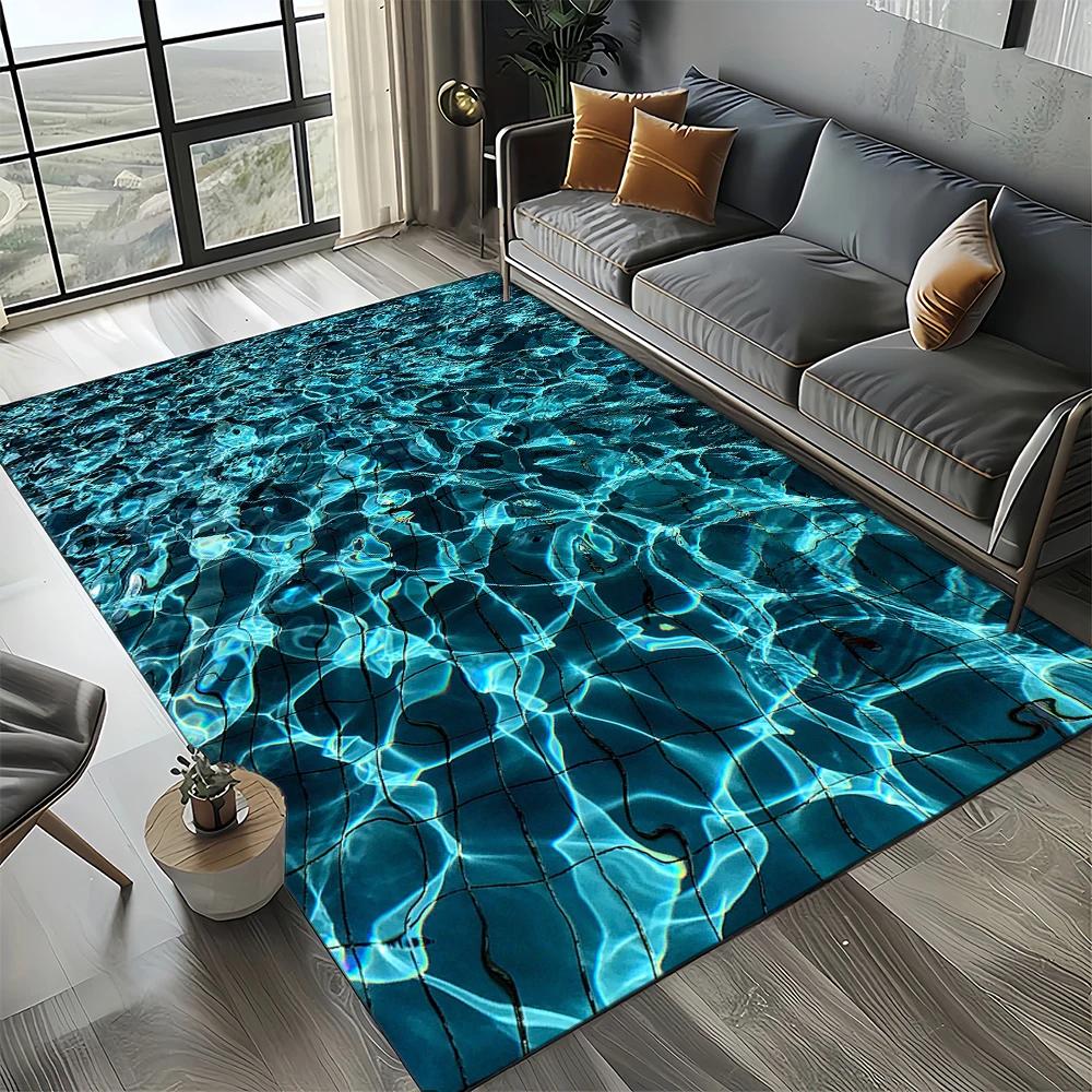 2025 New Style Blue Green Sea Wave Seawater Nature 3D Carpet Rug for Living Room Bedroom Home Sofa Decoration,Non-slip Floor Mat