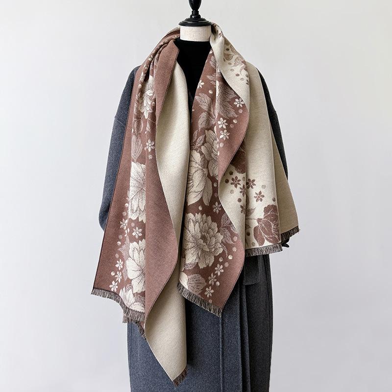 Retro Printing Flower Temperament Simple And Versatile National Style Scarf Shawl Cape Warm Jacquard Women'S High-End Trend