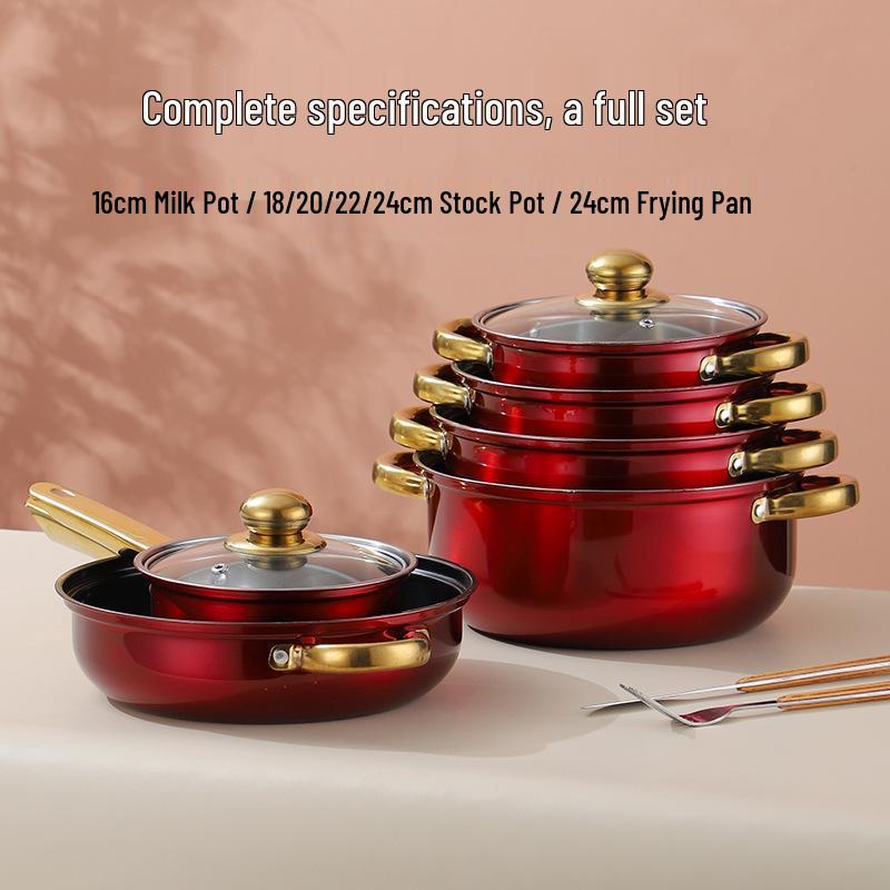Cross-Border Stainless Steel Non-Stick Pot Set with Gold-Plated Handles