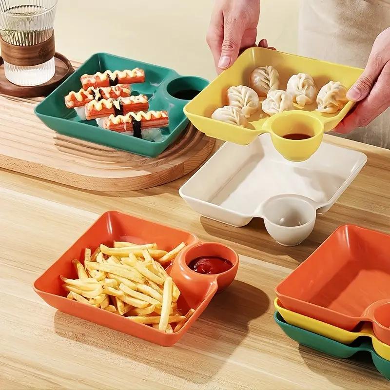 4Pcs Dumpling Plates With Sauce Dipping Compartment Square Plastic Serving Tray Tableware