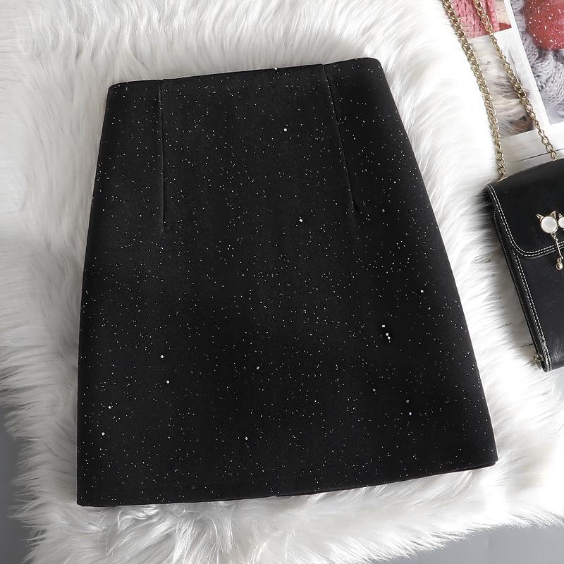 

Юбка из серой шерсти для женщин: Блестящие пайетки, элитный стиль осень/зима 2024 Double Extra Large (2XL) чёрный