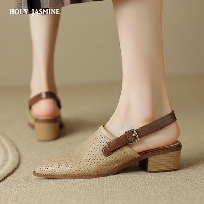 2024 New Pointed Toe Sheepskin Closed-toe Sandals Woman Buckle Square High Heel Sandals Vintage Ladies Dress Summer Shoes