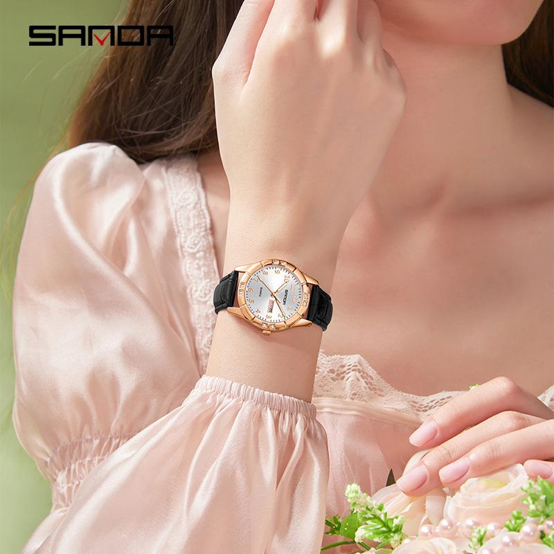 Sanda Women's Luminous Leather Quartz Watch: Waterproof, Slim, Fashionable with Dual Calendar.