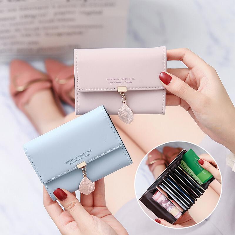 Women's Wallet Cute Leaf Accordion Mini Card Holder Fashion Short Coin Purse Simple Solid color Wallet Multiple Slim Coin Purse