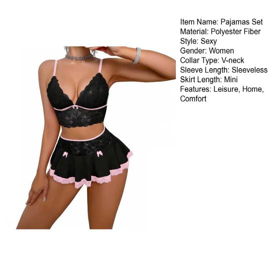 Sexy pyžamový set pro ženy Průsvitný krajkový crop top s výstřihem do V s podprsenkou a setem krátké sukně Letní dvoudílný set na spaní