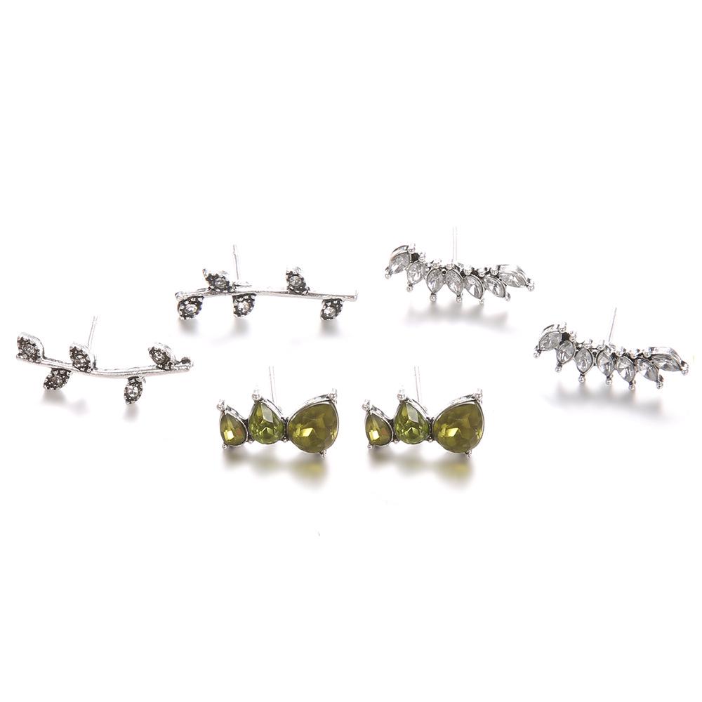 Fashion Personality Bohemian Feng Shui Drop Geometric Green Crystal Leaf Earrings Stud Earrings Three-Piece Set Women