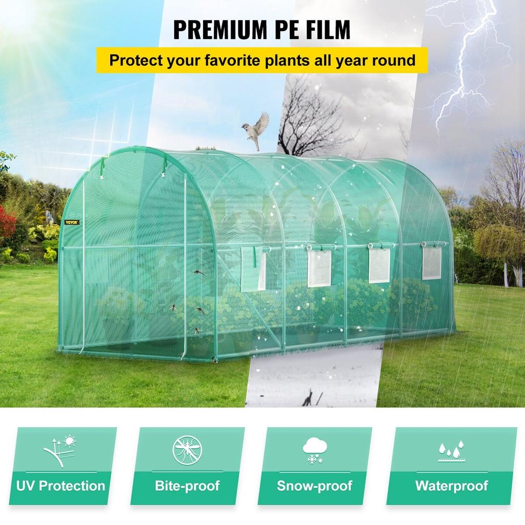 Walk-in Tunnel Greenhouse, 15 x 7 x 7 ft Portable Plant Hot House w/ Galvanized Steel Hoops, 1 Top Beam, 2 Diagonal Poles, 2 Zippered Doors & 8