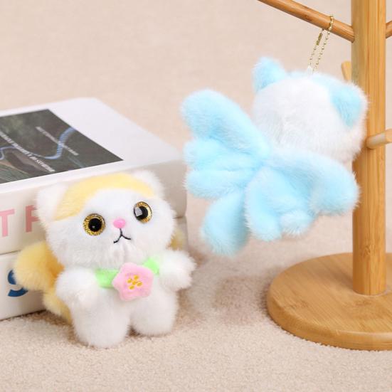 Cute Elf Cat Plush Doll Pendant Keychain Soft Skin-Friendly Plush with Wings And Floral Accent Portable Bag Charm Gift for Kids Cat Lovers