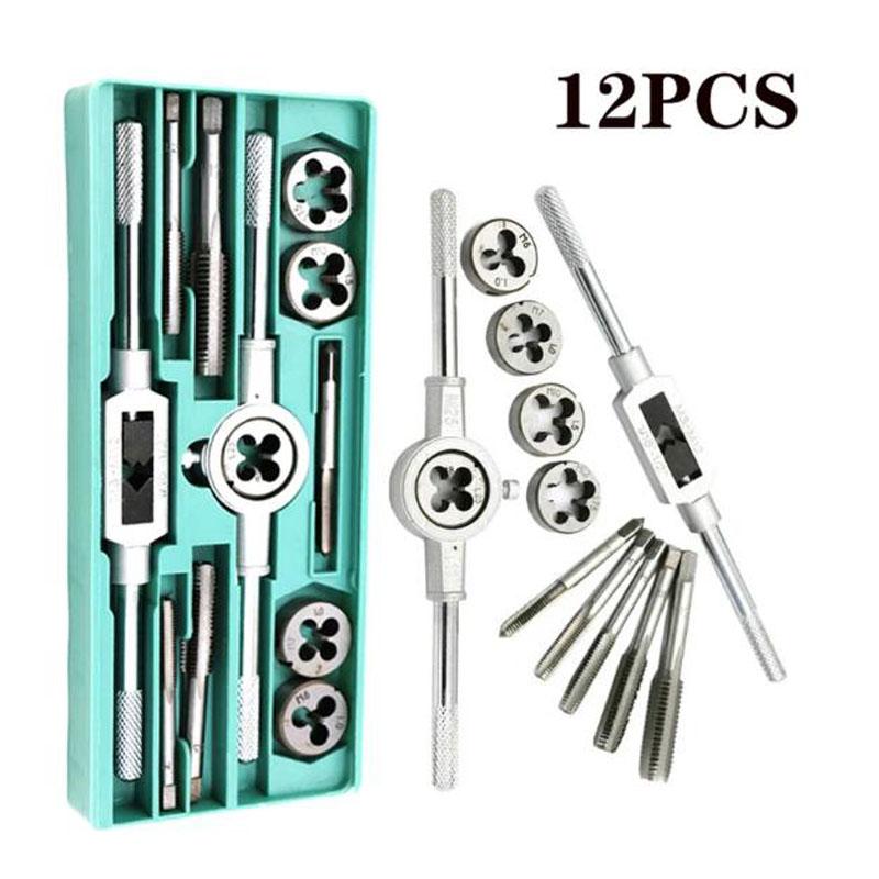 Jeu de Tarauds et Filières Multifonction 12/20 Pièces M3-M12 Métrique Bouchons de Filetage Vis à Main Tarauds Droits Coniques Outils de Taraudage et de Filetage