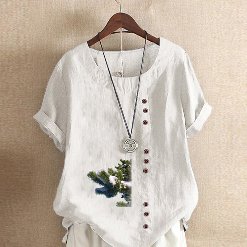 Women's Fashion Round Neck Short Sleeve T-shirt Casual Cotton Linen Graphic Shirt Leisure Loose Tree Prined Summer Blouse Tops