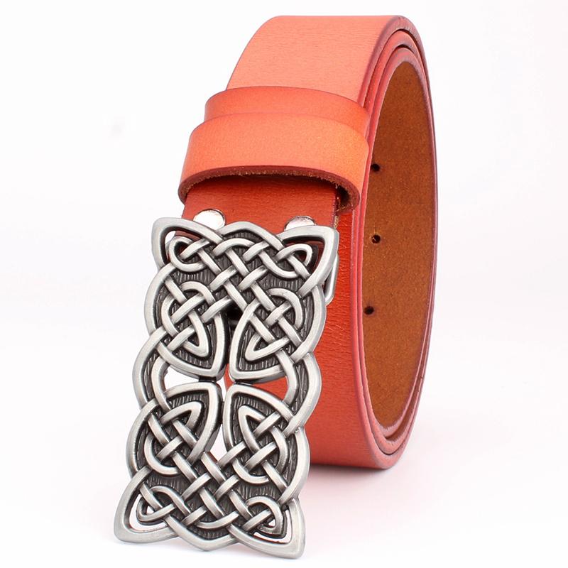 Fashion Women Belt Retro Celtic Knot Design Metal Pin Buckle Genuine Cowskin Leather Waistband Decorative Lady Gifts
