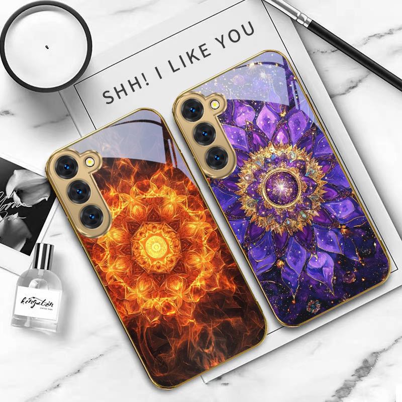 Kvetoucí zlatá mandala Pro Samsung Galaxy S26 S20 FE S21 S22 S23 Plus S24 Ultra S25Ultra S21+ S22Plus Zlatý skleněný kryt na telefon