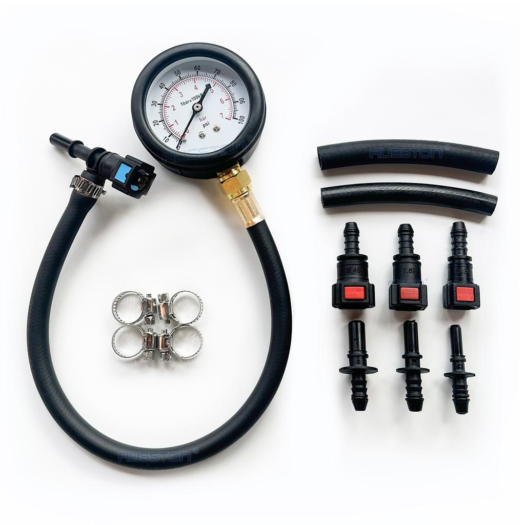 Fuel Pressure Test Kit - Quick Connected Fuel Injection Pump Pressure Tester Gauge 0-100PSI with Valve 6.3/ 7.89/ 9.49 for Car