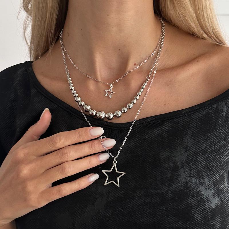 Fashion Metal Star Pendant Necklace For Women Punk Hip Hop Silver Color Multi Layered Pentagram Tassel Necklace Y2K Jewelry Gift