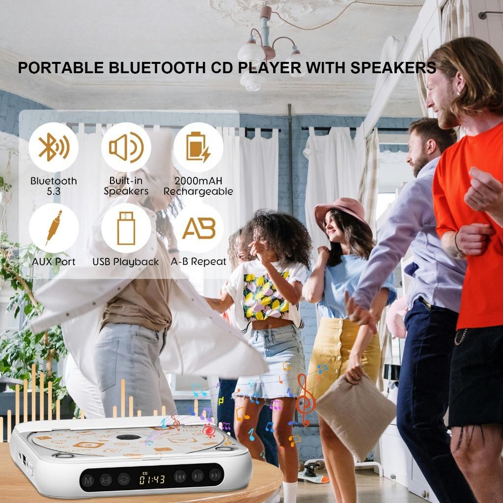 Portable Bluetooth CD Player Rechargeable Home/Car Walkman HiFi Lound Dual Speakers Music Player