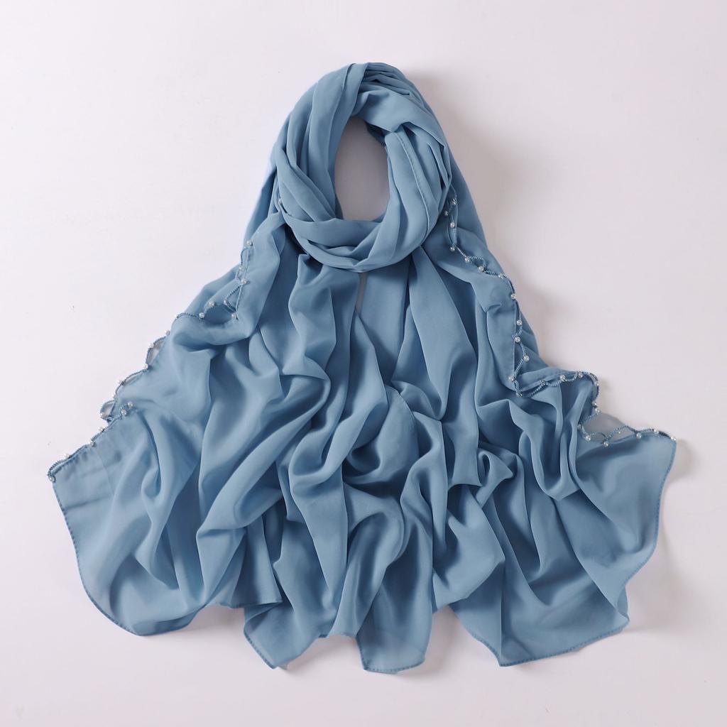 Pearl Edge Chiffon Hijab Scarf Women Muslim Long Shawl Soft Plain Head Wrap Beaded Border Lightweight Islamic Turban
