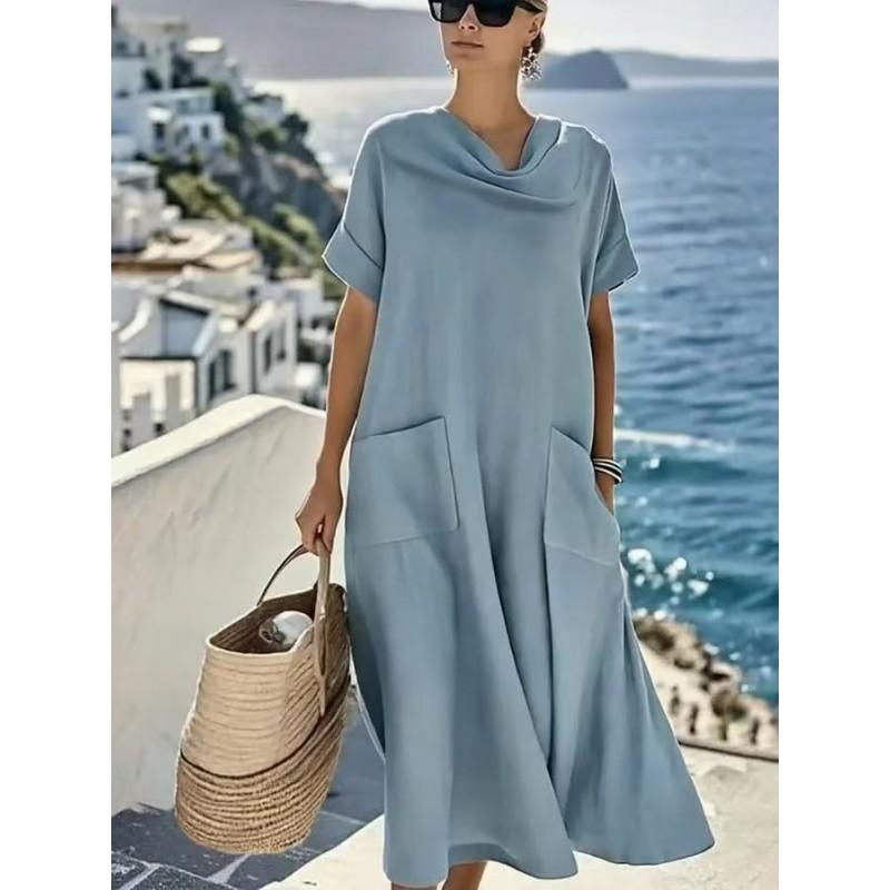 Womens Loose Short Sleeve Asymmetrical Neck Maxi Dress With 3D Print Plus Size Comfortable Casual Skirt