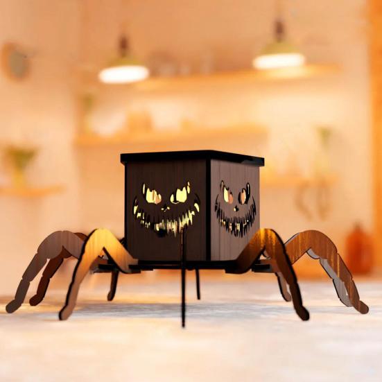 Halloween Lighted Pumpkin Lantern LED Wooden Spider Pumpkin Lamp with Spooky Face for Halloween Party Home Yard Decor