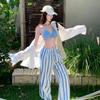 Casual vacation style blue bikini three-piece women's summer seaside vacation sunscreen blouse striped wide-leg trousers