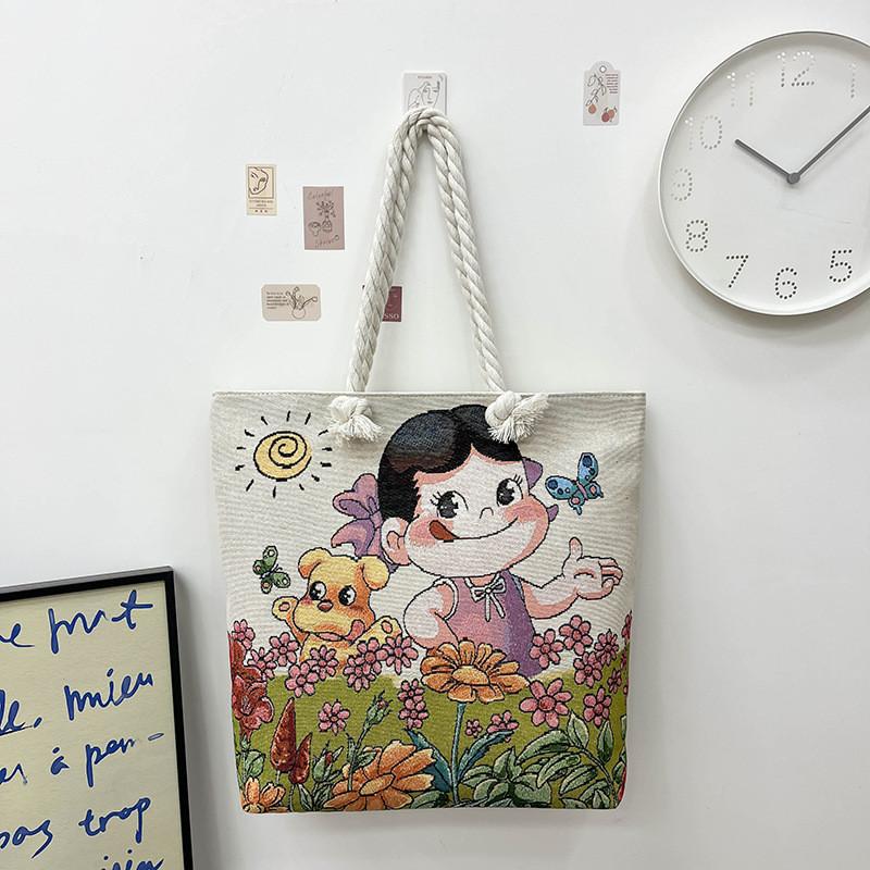 Canvas Embroidered Shoulder Bag With Large Capacity For Casual Daily Use