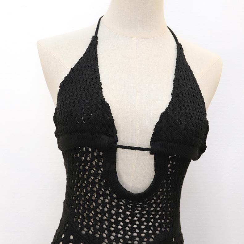 Summer Women's Beach Dress Solid Hollow Knit Dress Sexy Swimwear Cover-up Tie Neck Hanging