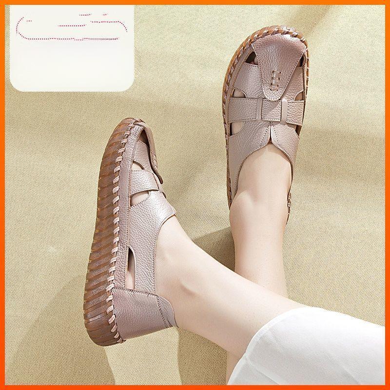 Leather Women's Shoes for Summer Comfort Soft Soles Anti Slip Flat Bottoms Middle-aged and Elderly Sandals for Women and Mothers