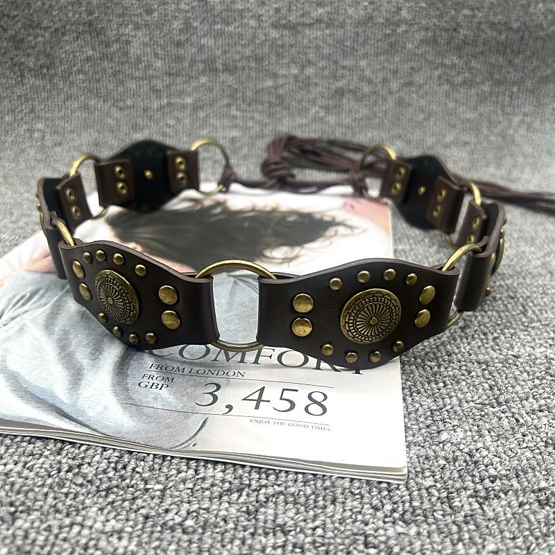 Boucle en Métal Style Cowboy Occidental Ceinture en Cuir PU pour Femmes Rétro Vintage Décoration Rivets Boucle à Aiguille Large Ceinture Cinturones