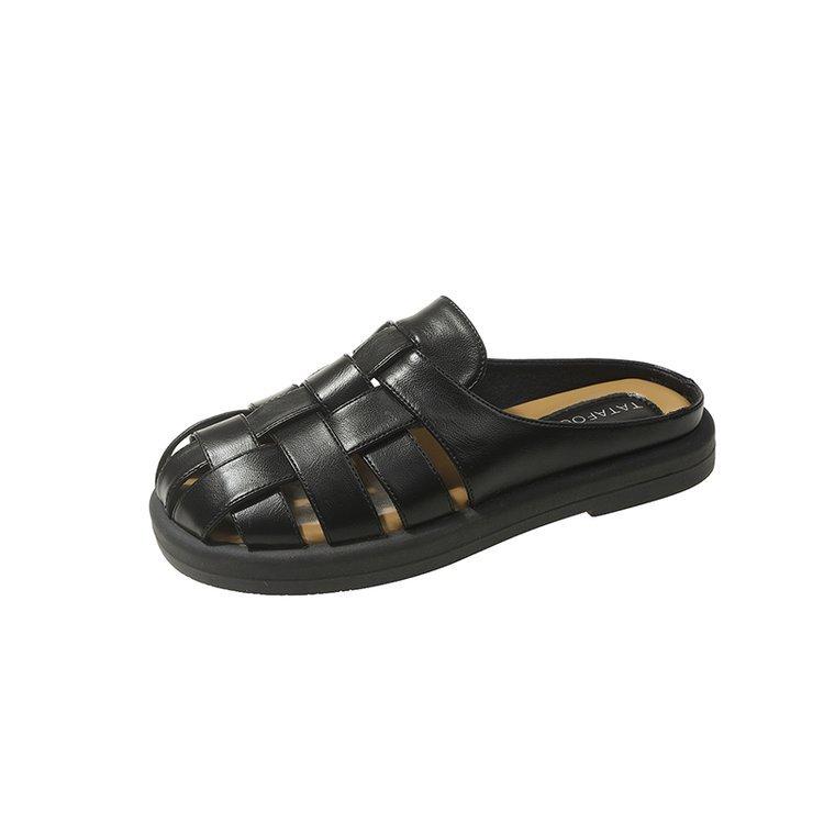 Leather bag head half slippers women's summer wear 2025 new retro woven hollow thick sole one pedal lazy shoes