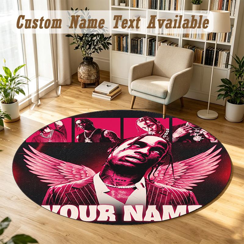 Round Rug Custom NameTravis Scott Pattern Non Slip Carpet Home Floor Decor