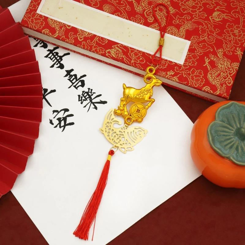 Auspicious Golden Plated Year of Goat Hanging Ornament Red Tassels for Lunar New Year Party Home Decor