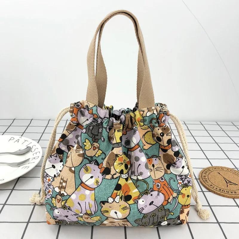 Japanese Cute Bento Bag Handheld Canvas Bag Cartoon Portable Drawstring Cutlery Storage Drawstring Bags for Two Lunch Boxes