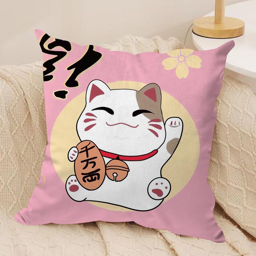 Aneki Neko Rich Luck Money Cat Cushion Cover Silky Short Plush Invisible Zipper Dustproof Sofa Pillow Case For Home Decor