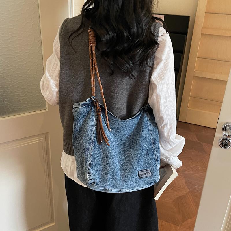 Duża Pojemność Retro Jeansowa Torba Damska Jednokolorowa Na Ramię Crossbody