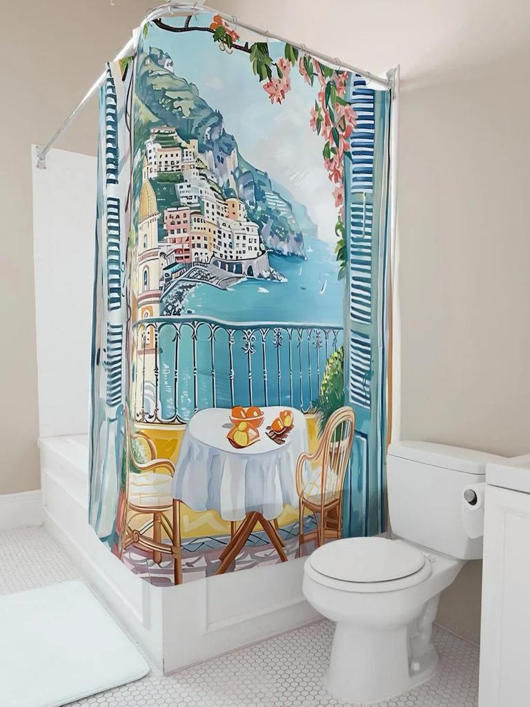 Scenic Coastal View Shower Curtain European Style Waterproof Heat Resistant Machine Washable Suitable for Wet and Dry Separation