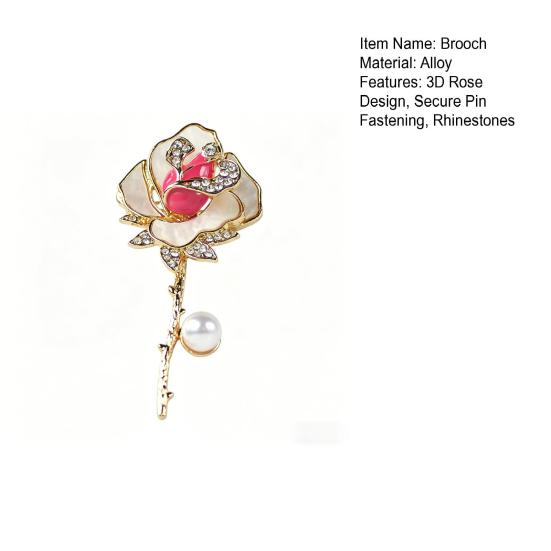 Brooch Pin Three-Dimensional Rose Shape Enamel Drip Technology Pin with Rhinestone Faux Pearl Inlay Suits Coats Dresses Badge