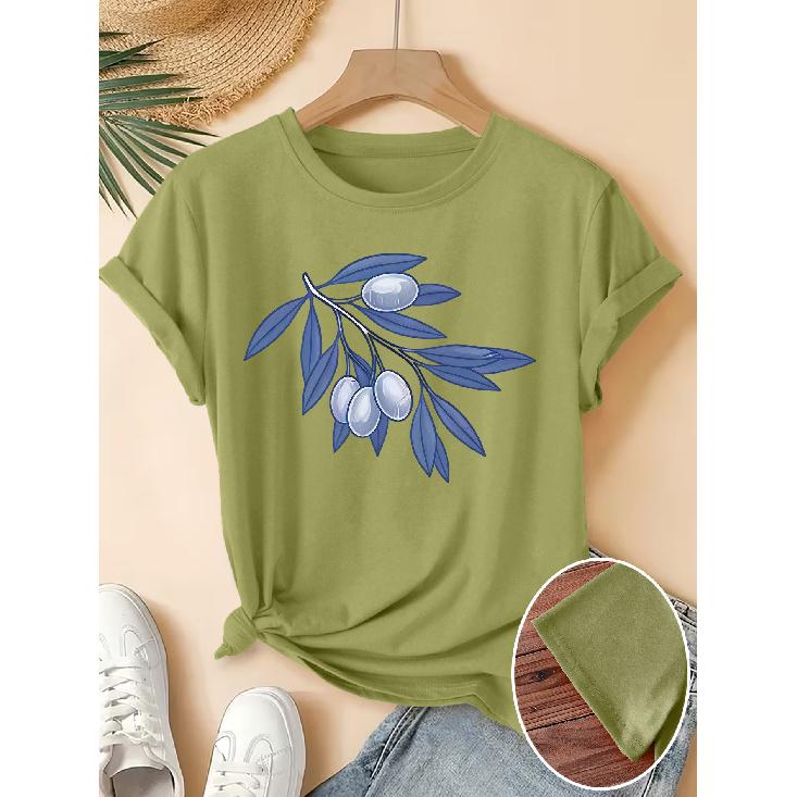Women s Elegant Short-Sleeve Gift with Blue Olive Branch and Leaf Simple Hand-Drawn Print Pattern, Vintage Round Neck T Fresh and natural style S армия зеленый