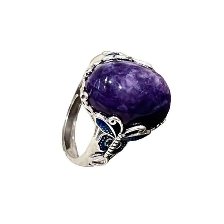 Purple From The Ring, Women s New Retro Enamel Butterfly Chinese Cabochon Open Ring One Size