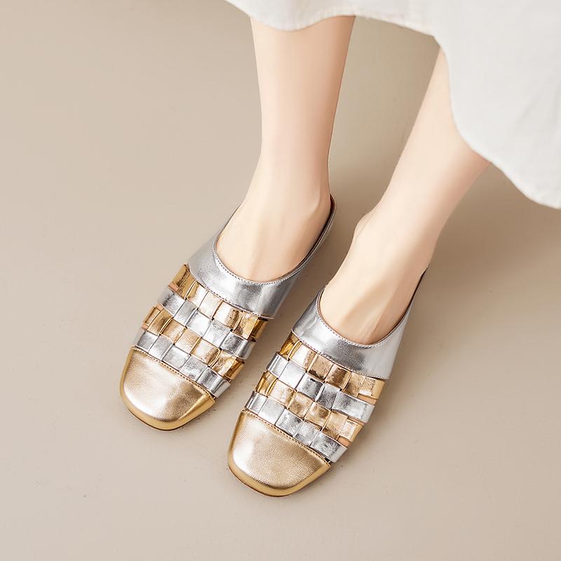 Mode 2025 Neue Mode Eckige Zehenpartie Niedriger Absatz Damen Sandale Frühling Sommer Büro Dame Party Echte Lederschuhe Frau Mueller Slipper