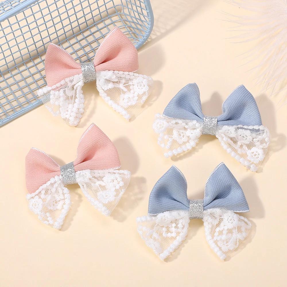 LOVEKIKI 2 Stück/Los Süße Spitze Schleife Haarspange für Kinder Denimblau Boutique Haarnadel Haarklammern Mädchen Kleid Party Haaraccessoires