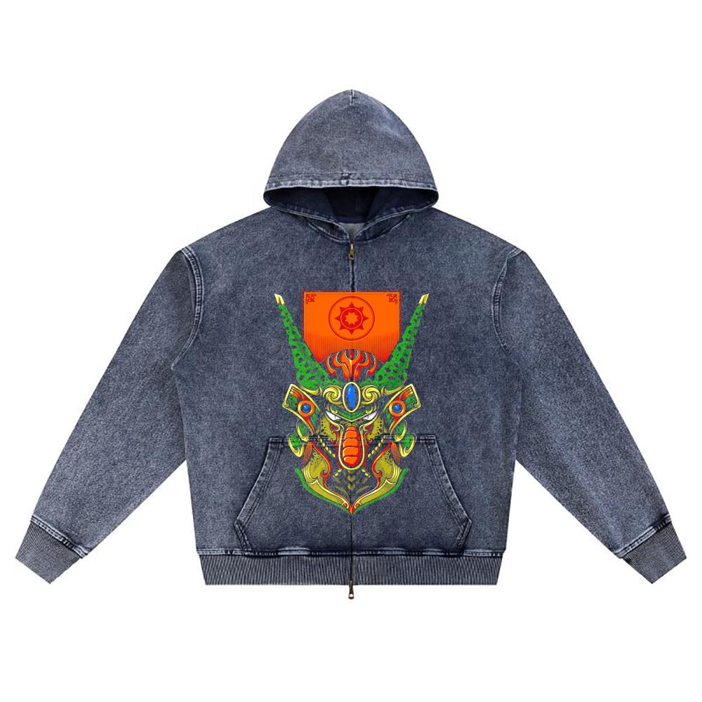 DTG Print Knitted Denim Zip-Up Hoodie Cell Samurai Brother Print Zipper Hoodies
