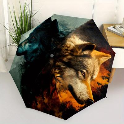 """Feuer & Eis Wolf""": Einzigartiger Zweifarbiger Wildtier-Kunstdruck" Regenschirm, Tragbarer 3-fach Kompakter Regenschirm für Damen & Herren,S121