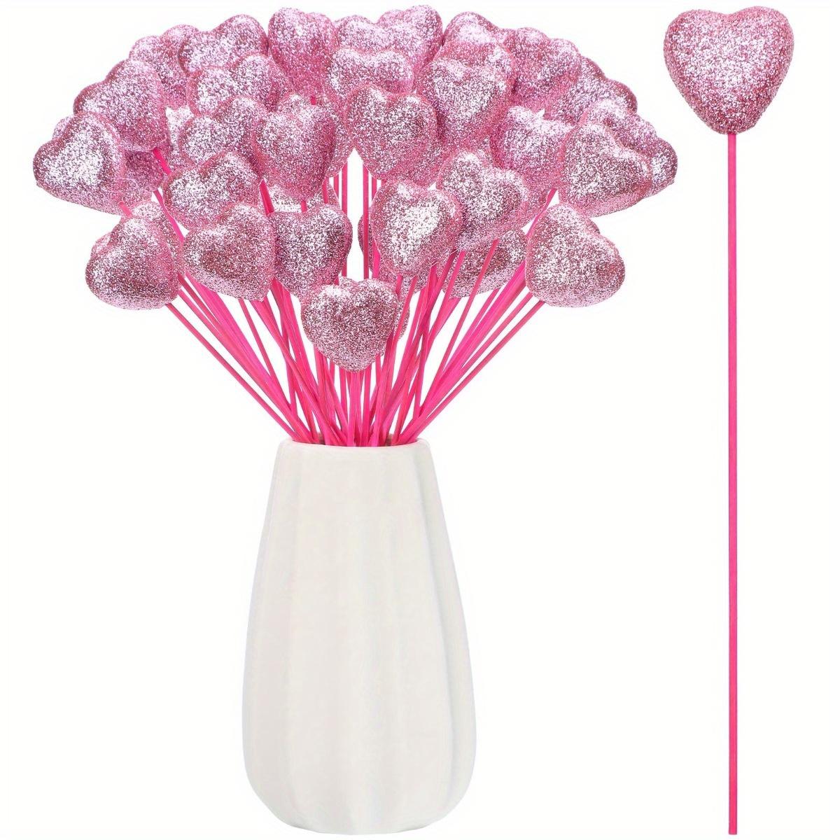 50 шт. блестящие пенопластовые сердечки на палочке ко Дню святого Валентина, блестящие пенопластовые сердечки на палочке, деревянные блестящие сердечки, объемные сердечки для цветочных композиций ко Дню святого Валентина розовый