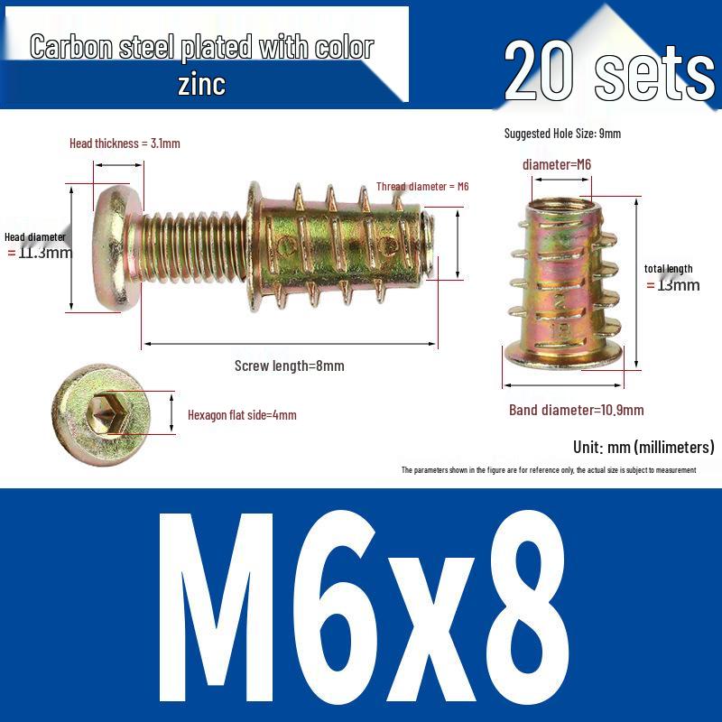 Flat Head Hex Socket Screws & Pre-embedded Nut Set for Wooden Bed Connectors