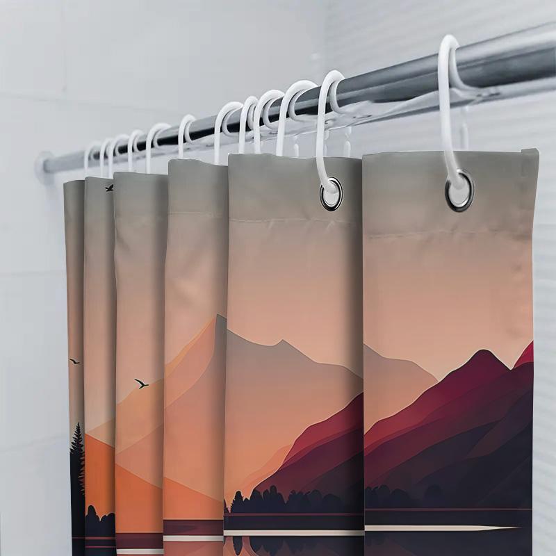 Stunning Mountain Lake Reflections Shower Curtain With Flying Birds Silhouette Pine Trees Decor Water Resistant Easy To Clean