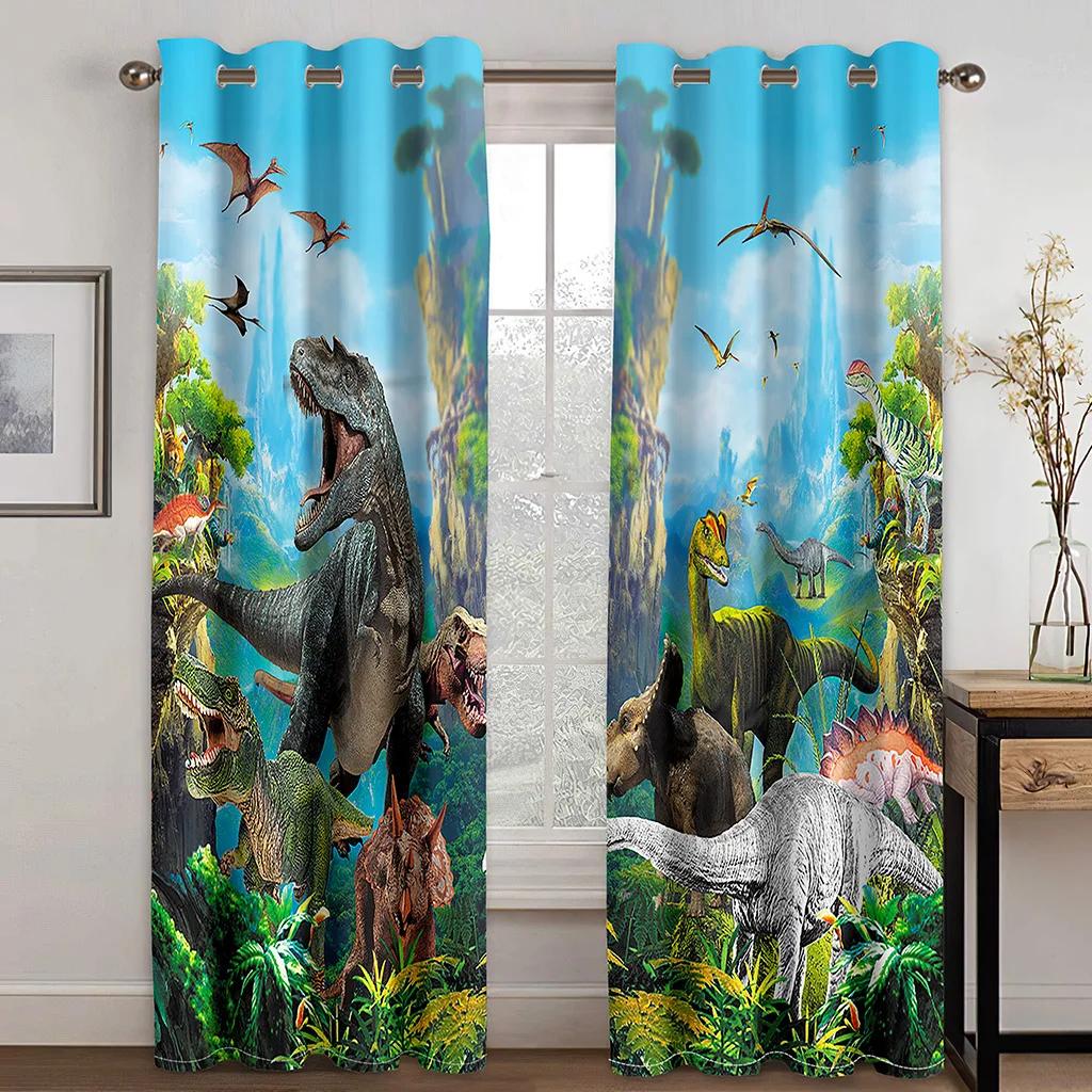 2 Pieces Cartoon Cute Dinosaur Polyester Fabric Cloth Curtain for Living Room Bedroom Nursery Room Kindergarten Free Shipping