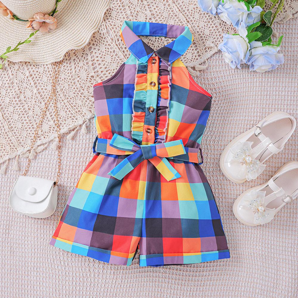 Kids Clothes Summer Fashion Sleeveless Halter Neck Short Jumpsuit for Girls Romper